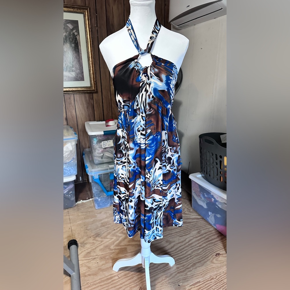 Chic Blue & Brown Women's Mini Halter Dress with Stretch, XL